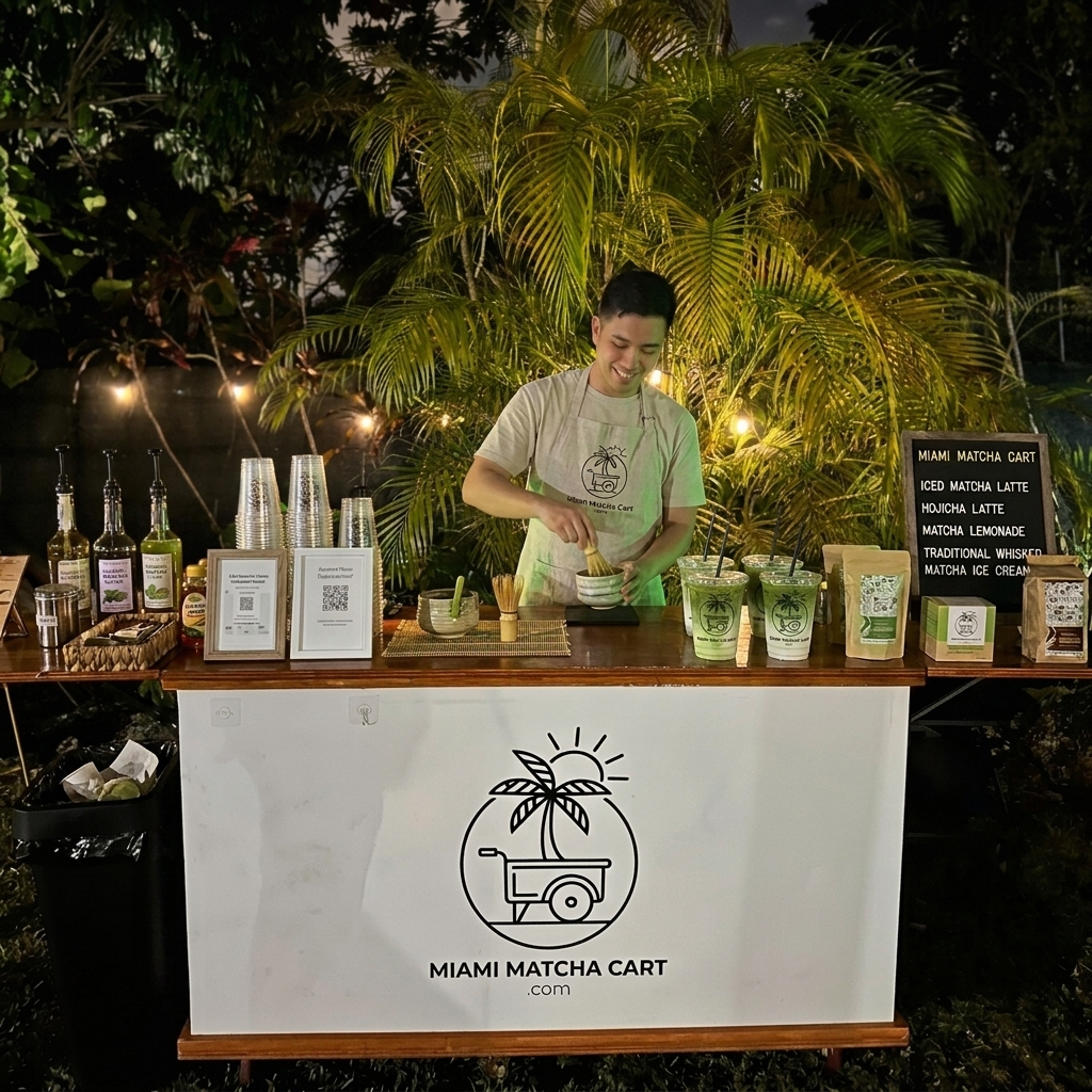 Branded matcha cart at a product launch activation in Miami