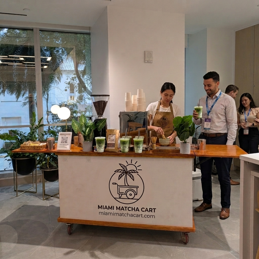 Barista serving iced matcha lattes at a corporate event in Miami