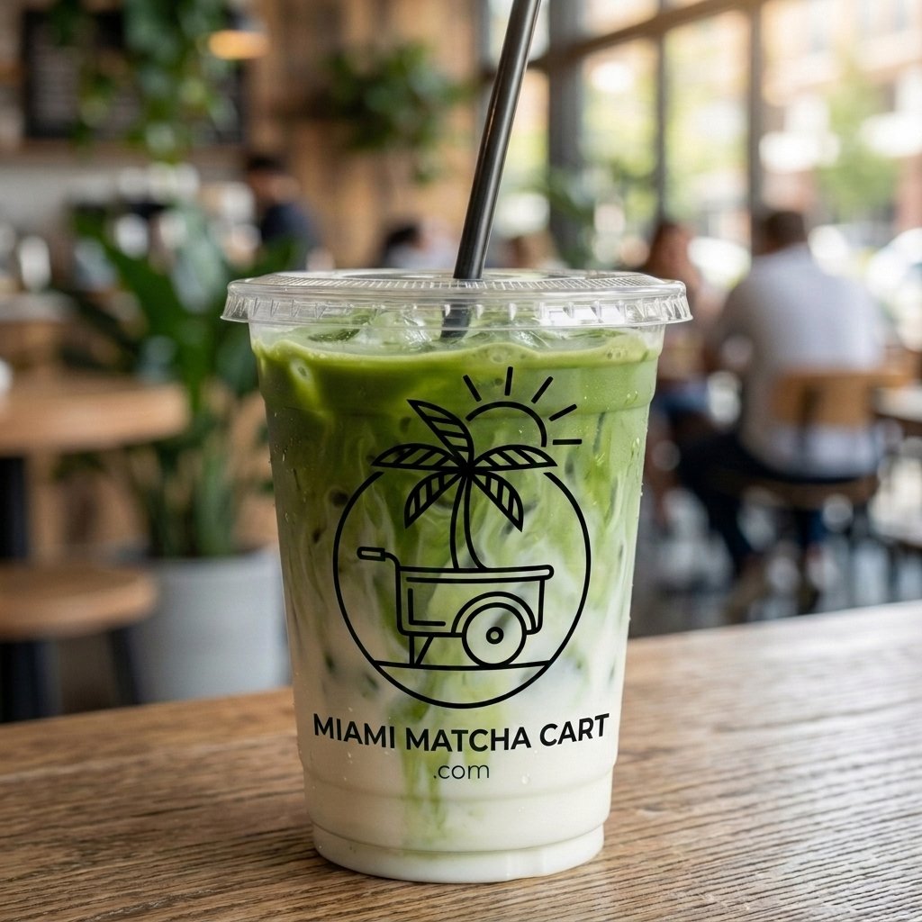 Iced matcha latte served in a Miami Matcha Cart cup at an outdoor cafe event