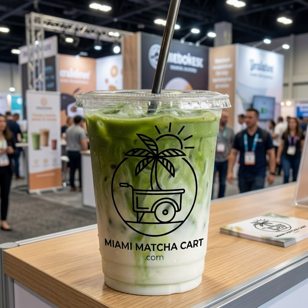 Matcha cart set up at a busy trade show booth in Miami